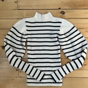KHAITE Joanne White and Black Striped Puff-Sleeve Turtleneck Sweater